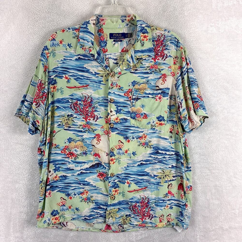 Polo Ralph Lauren Hawaiian Shirt Mens L Hula Girl Island Scene AOP Loop Collar